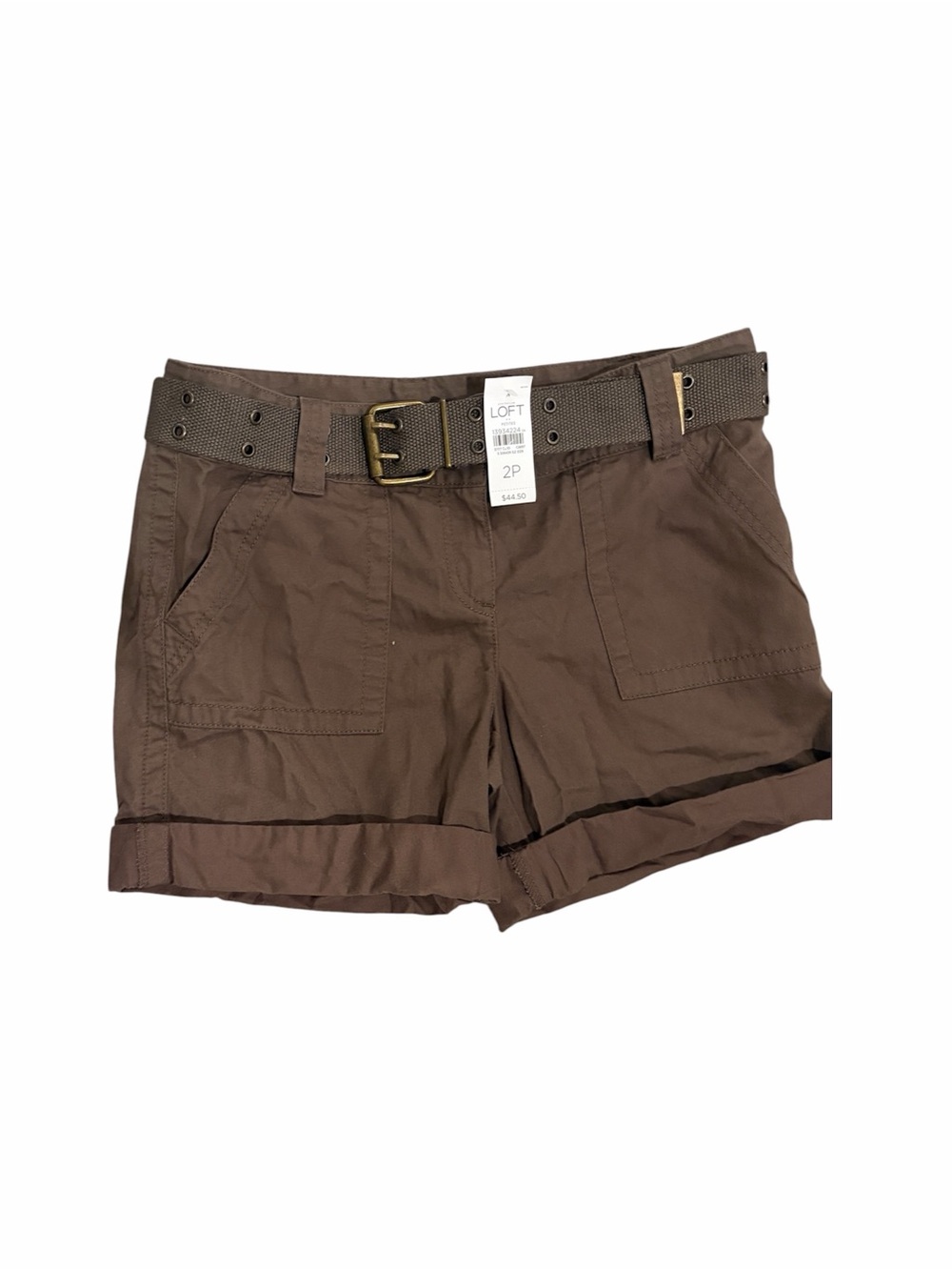 LOFT Brown Roll-Cuff Cotton Shorts with Woven Belt